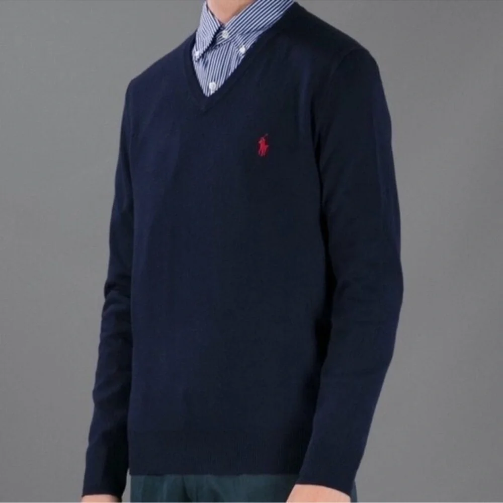 POLO Ralph Lauren 100% Merino wool Men’s V neck pullover sweater, navy blue,XL